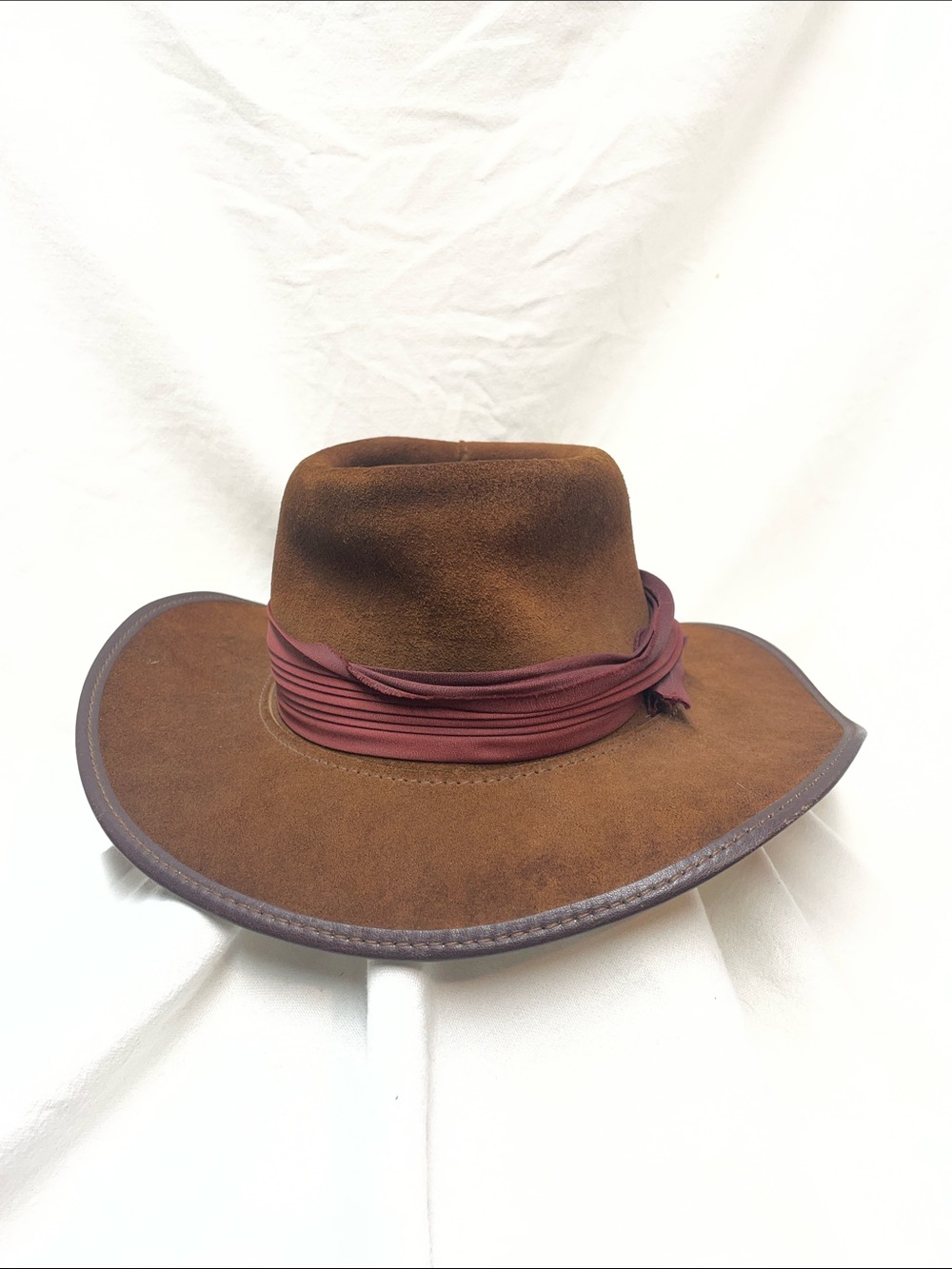 Men's Brown Suede Raider Hat with Maroon Band Size Medium